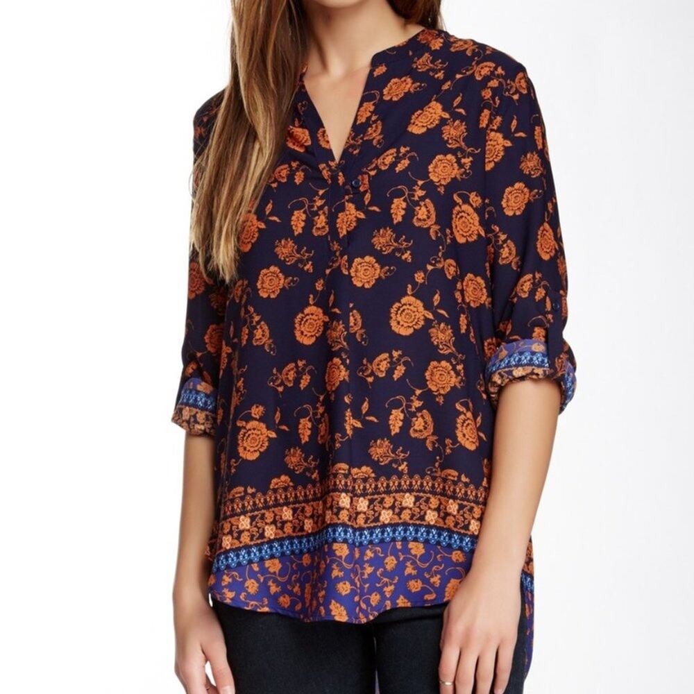 PLEIONE / navy & orange floral printed blouse / S